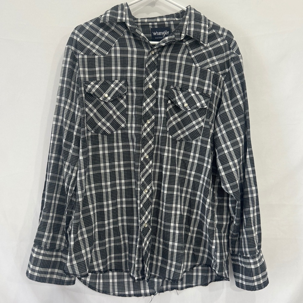Wrangler Western Shirt Mens Black White Plaid Pearl Snap Long Sleeve Frayed Hem